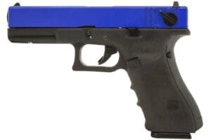 A full-frame studio shot of a Gas Blowback (GBB) airsoft pistol with a bright blue slide and a black polymer frame, viewed from the left side. The pistol features a moulded grip, an integrated lower rail, a trigger with a safety tab, and exposed markings near the rear of the blue slide.