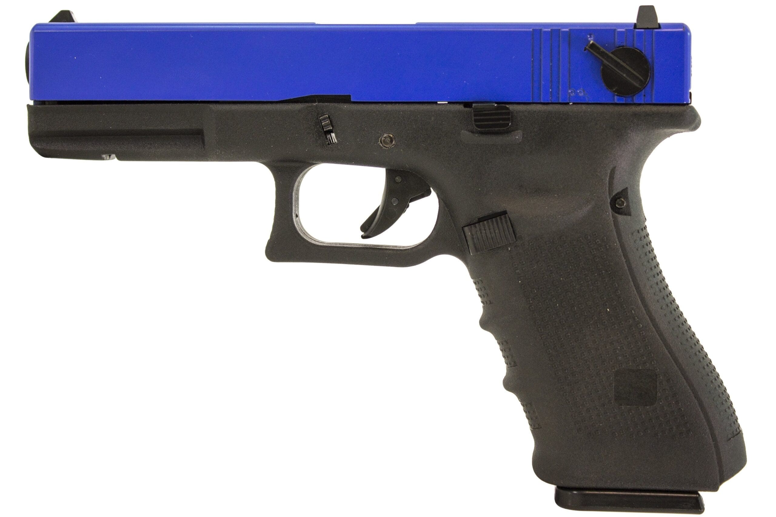 EU8 GBB Pistol: CNC Lightened Slide & Select Fire (Single/Full-Auto) A full-frame studio shot of a Gas Blowback (GBB) airsoft pistol with a bright blue slide and a black polymer frame, viewed from the left side. The pistol features a moulded grip, an integrated lower rail, a trigger with a safety tab, and exposed markings near the rear of the blue slide.